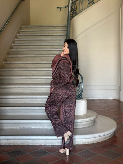 Leopard Print & Solid Stripes Contrast Loungewear - FamilyClothes