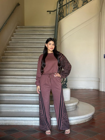 Leopard Print & Solid Stripes Contrast Loungewear - FamilyClothes