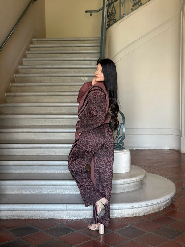 Leopard Print & Solid Stripes Contrast Loungewear - FamilyClothes