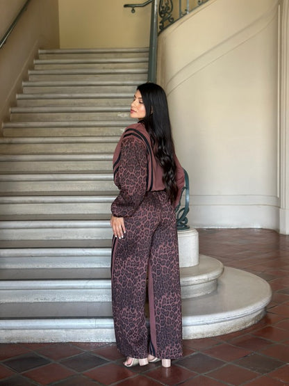 Leopard Print & Solid Stripes Contrast Loungewear - FamilyClothes