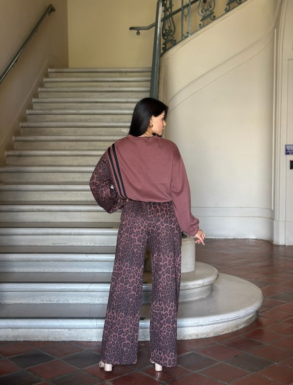 Leopard Print & Solid Stripes Contrast Loungewear - FamilyClothes