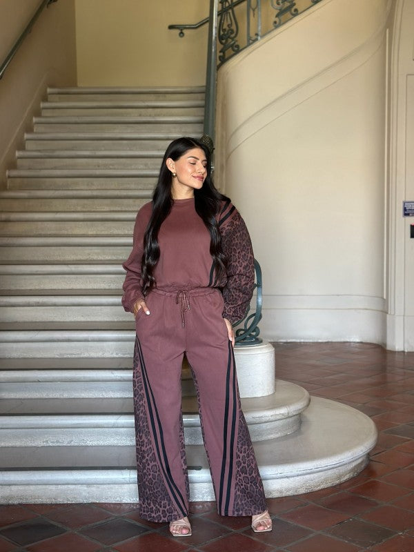 Leopard Print & Solid Stripes Contrast Loungewear - FamilyClothes
