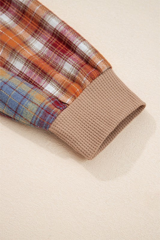 Cotton Waffle Stripe Plaid Patchwork Henley Top - FamilyClothes