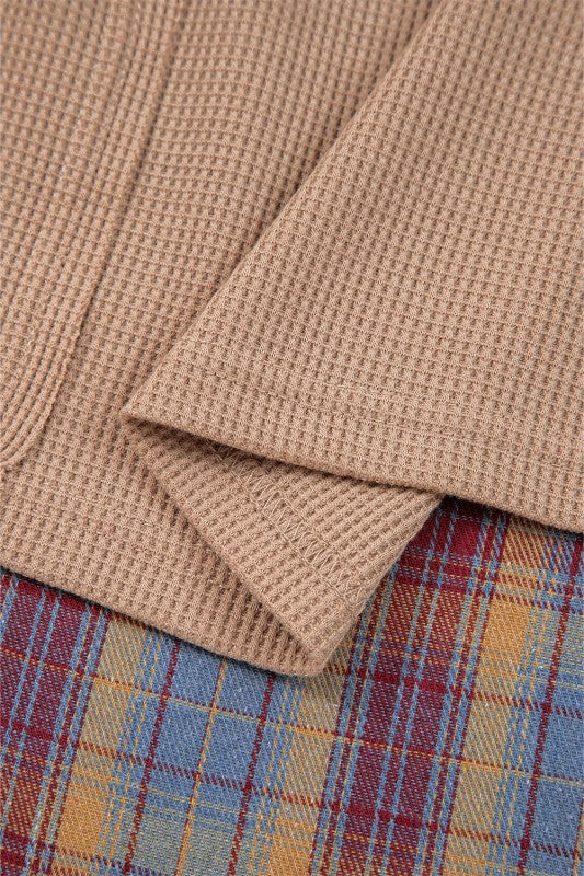 Cotton Waffle Stripe Plaid Patchwork Henley Top - FamilyClothes