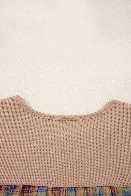 Cotton Waffle Stripe Plaid Patchwork Henley Top - FamilyClothes