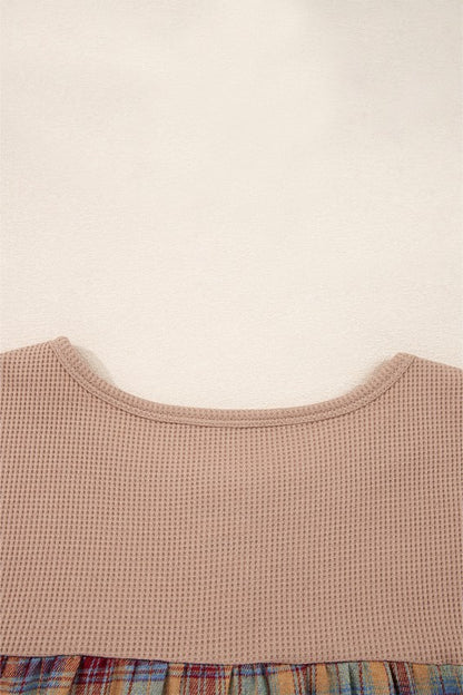 Cotton Waffle Stripe Plaid Patchwork Henley Top - FamilyClothes