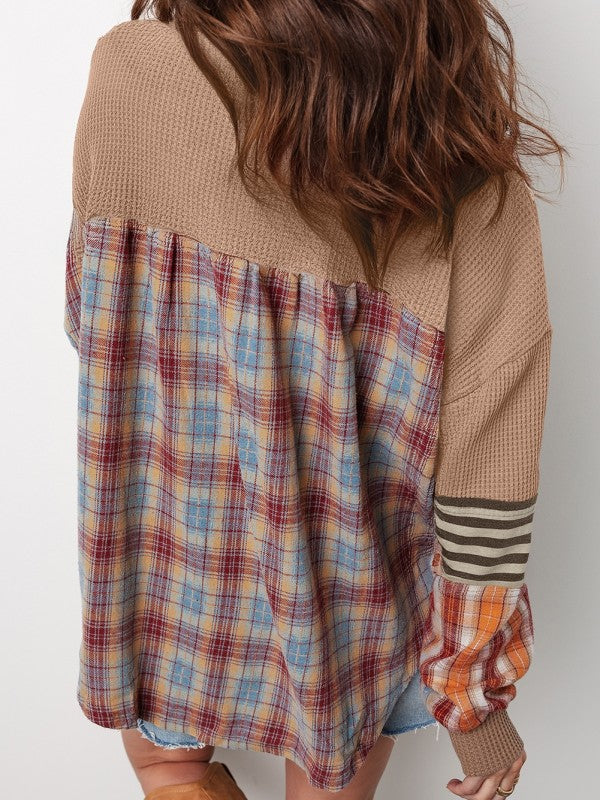 Cotton Waffle Stripe Plaid Patchwork Henley Top - FamilyClothes