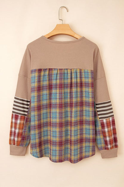 Cotton Waffle Stripe Plaid Patchwork Henley Top - FamilyClothes