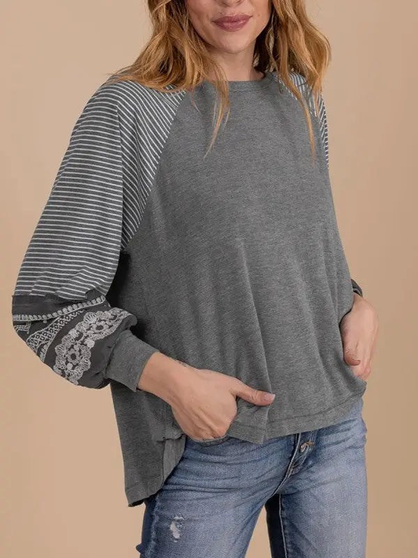 Viscose Striped Raglan Long Sleeve Loose Top - FamilyClothes