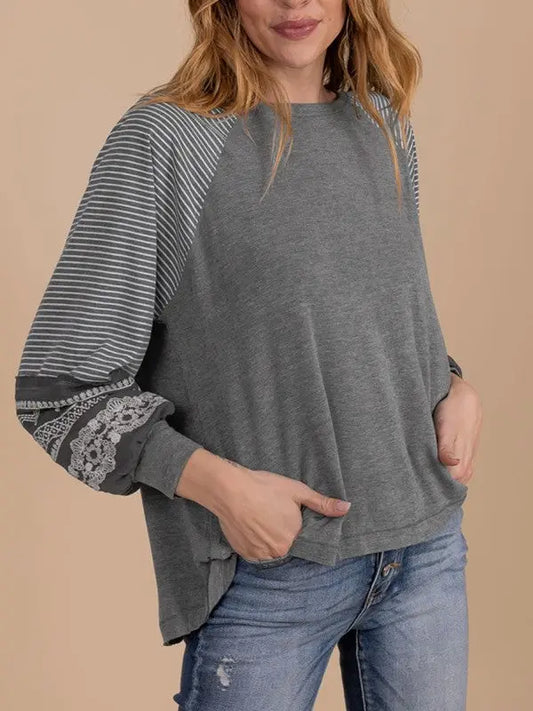 Viscose Striped Raglan Long Sleeve Loose Top - FamilyClothes