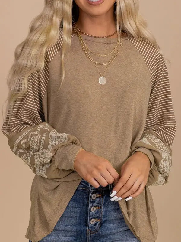Viscose Striped Raglan Long Sleeve Loose Top - FamilyClothes