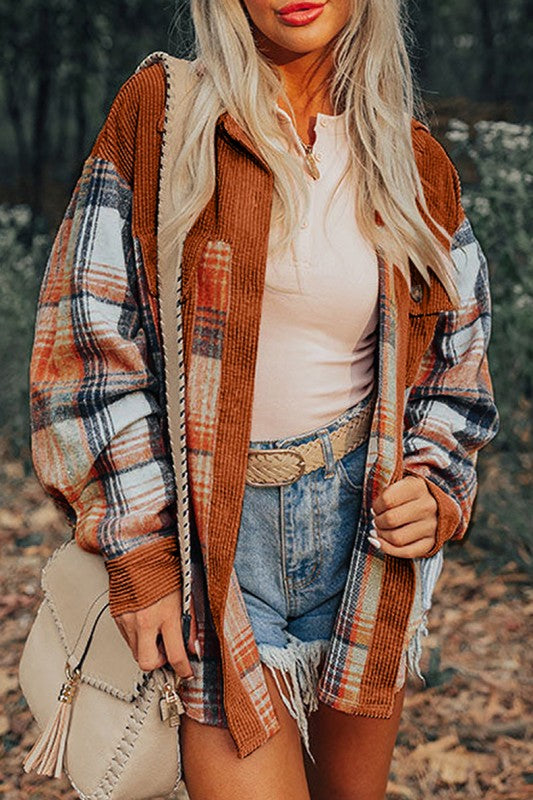 Plaid Corduroy Patchwork Chest Pocket Shacket - FamilyClothes