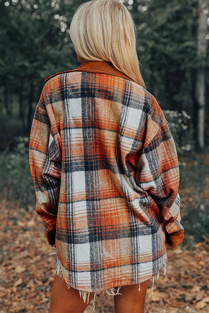 Plaid Corduroy Patchwork Chest Pocket Shacket - FamilyClothes