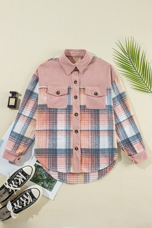 Plaid Corduroy Patchwork Chest Pocket Shacket - FamilyClothes