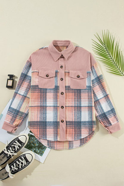 Plaid Corduroy Patchwork Chest Pocket Shacket - FamilyClothes
