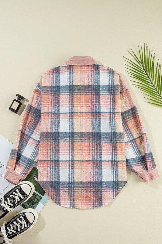 Plaid Corduroy Patchwork Chest Pocket Shacket - FamilyClothes