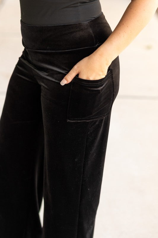 The Regina - Black Velvet Wide Leg Pants - FamilyClothes