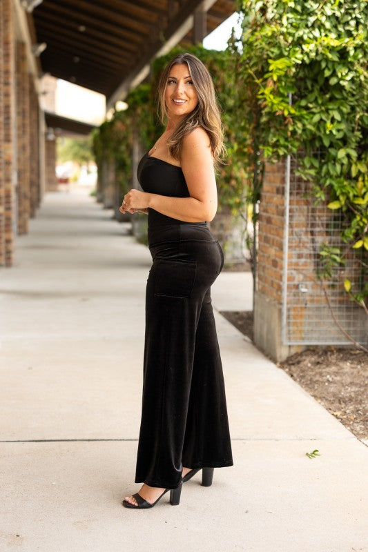 The Regina - Black Velvet Wide Leg Pants - FamilyClothes