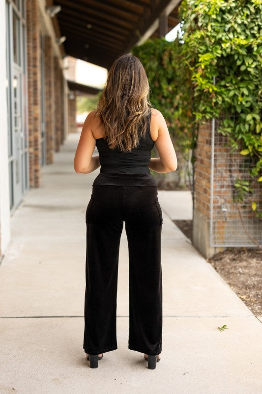 The Regina - Black Velvet Wide Leg Pants - FamilyClothes