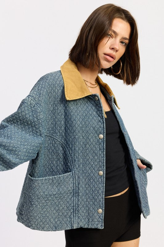 WOOL TWEED SNAP JACKET WITH CONTRASTED COLLAR - FamilyClothes