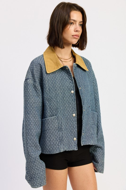 WOOL TWEED SNAP JACKET WITH CONTRASTED COLLAR - FamilyClothes