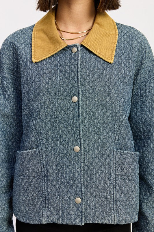 WOOL TWEED SNAP JACKET WITH CONTRASTED COLLAR - FamilyClothes