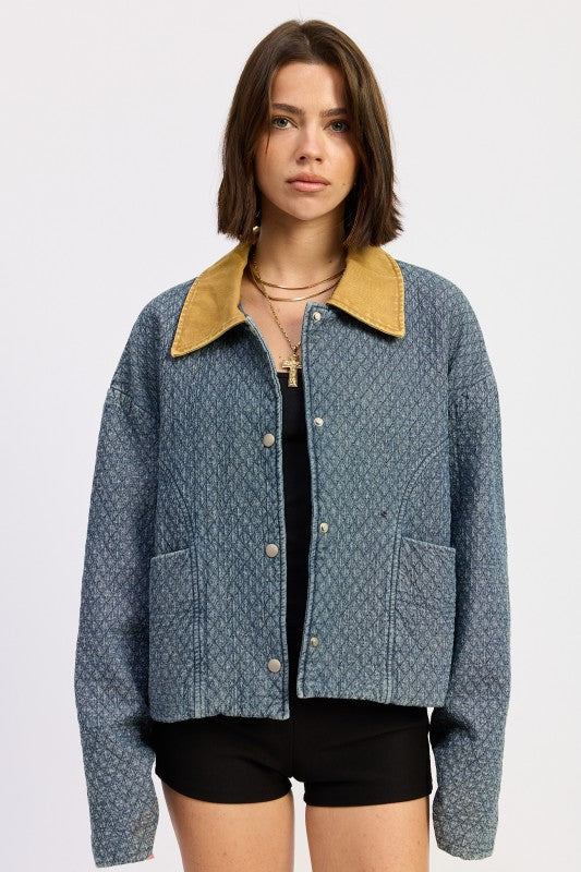 WOOL TWEED SNAP JACKET WITH CONTRASTED COLLAR - FamilyClothes