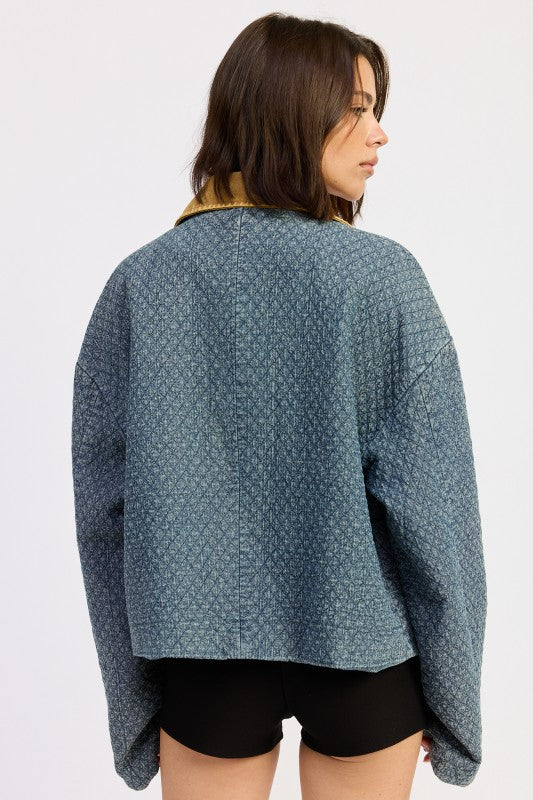 WOOL TWEED SNAP JACKET WITH CONTRASTED COLLAR - FamilyClothes