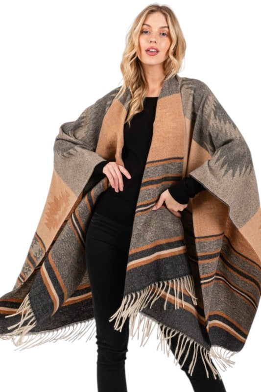 Aztec Pattern Fringe Ruana Cardigan Warp Scarf - FamilyClothes