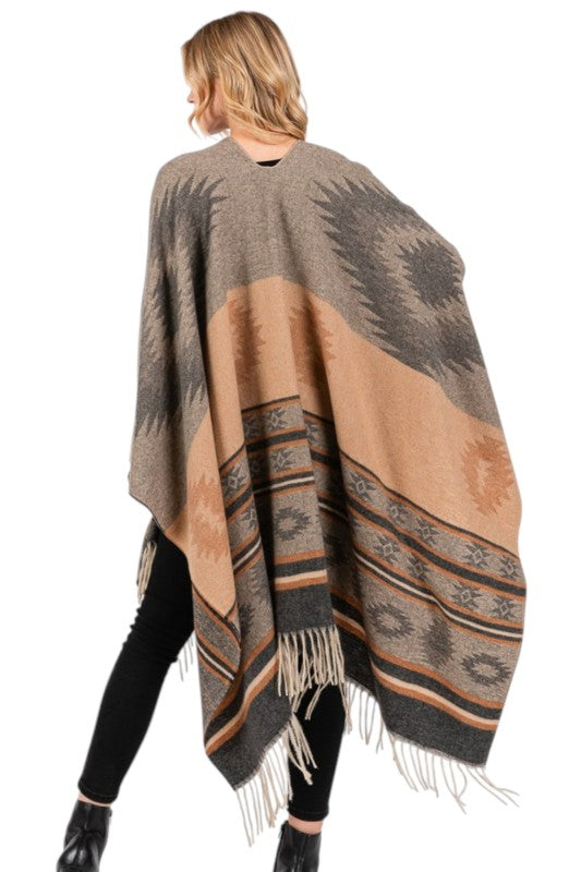 Aztec Pattern Fringe Ruana Cardigan Warp Scarf - FamilyClothes