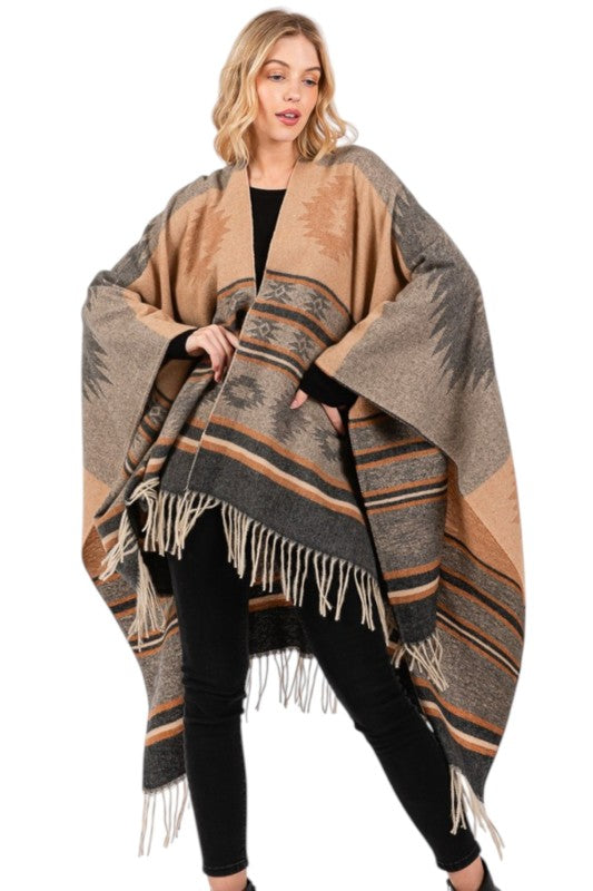 Aztec Pattern Fringe Ruana Cardigan Warp Scarf - FamilyClothes