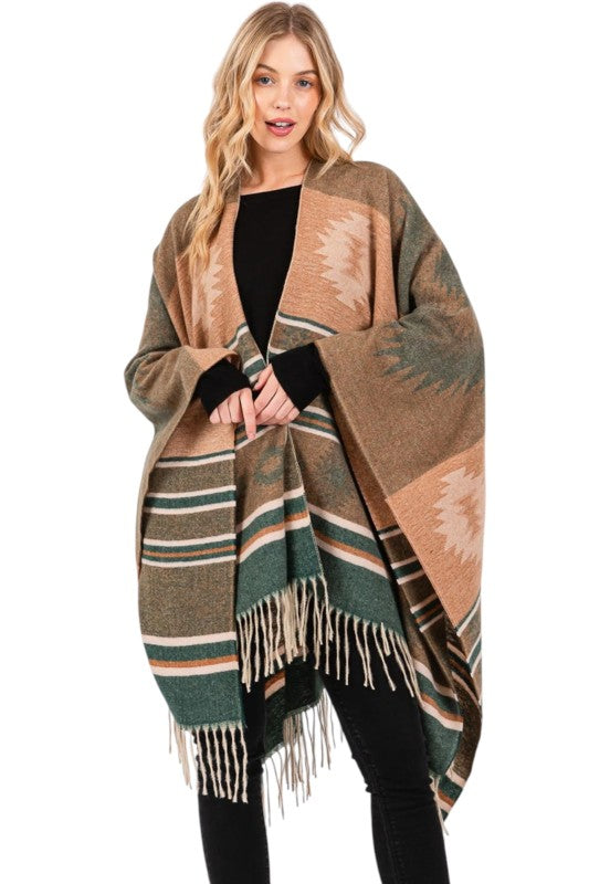 Aztec Pattern Fringe Ruana Cardigan Warp Scarf - FamilyClothes