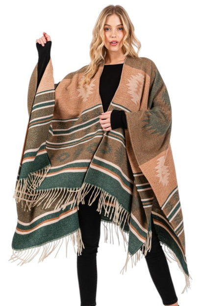 Aztec Pattern Fringe Ruana Cardigan Warp Scarf - FamilyClothes