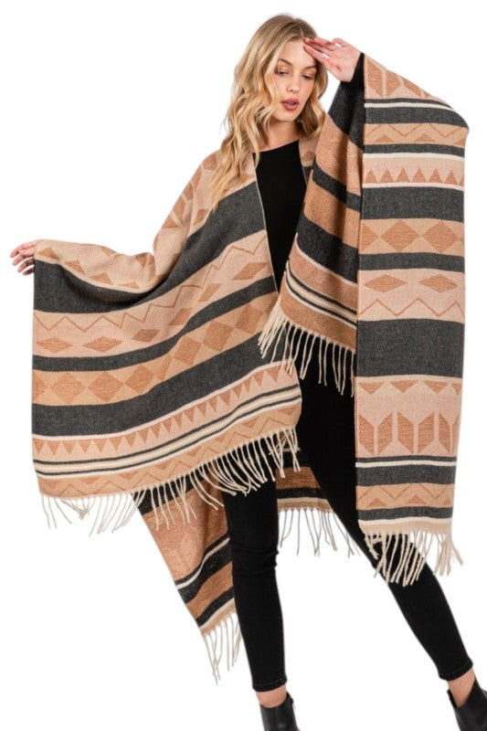 Aztec Pattern Fringe Ruana Cardigan Warp Scarf - FamilyClothes
