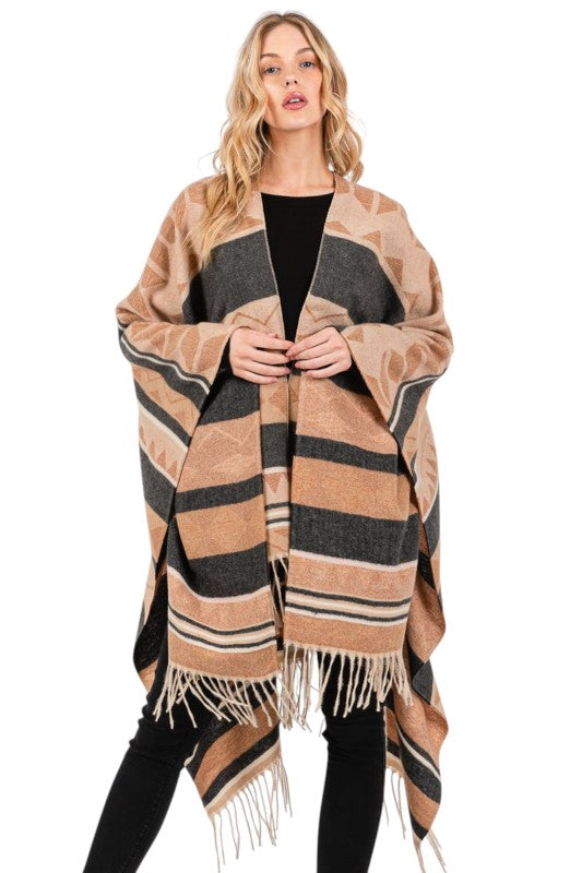 Aztec Pattern Fringe Ruana Cardigan Warp Scarf - FamilyClothes