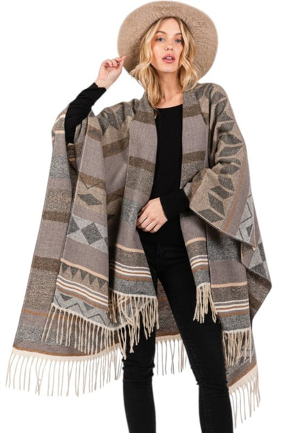 Aztec Pattern Fringe Ruana Cardigan Warp Scarf - FamilyClothes