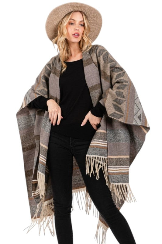 Aztec Pattern Fringe Ruana Cardigan Warp Scarf - FamilyClothes