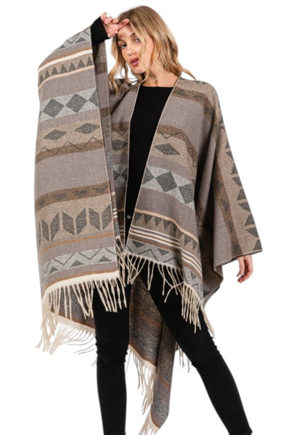 Aztec Pattern Fringe Ruana Cardigan Warp Scarf - FamilyClothes