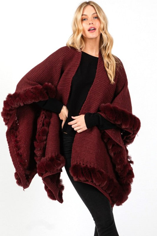 Faux Fur Trim Winter Cape Cardigan - FamilyClothes