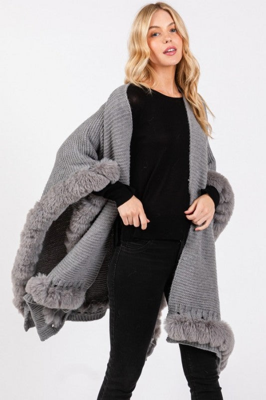 Faux Fur Trim Winter Cape Cardigan - FamilyClothes