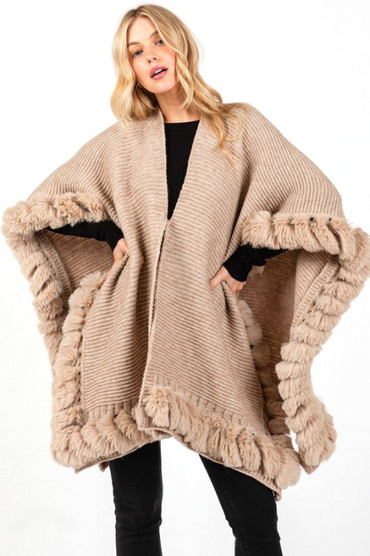 Faux Fur Trim Winter Cape Cardigan - FamilyClothes