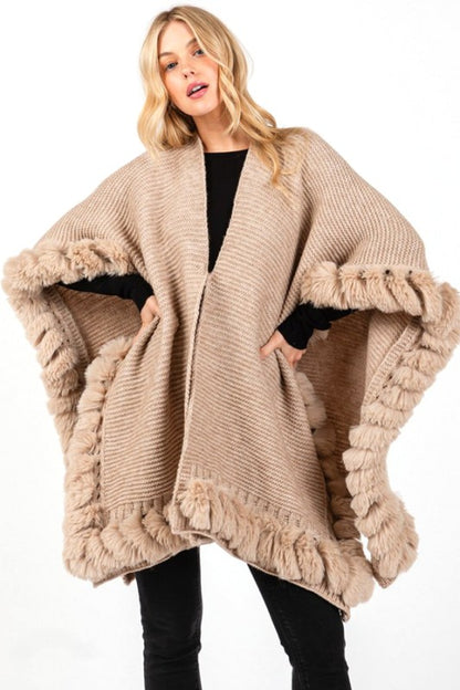 Faux Fur Trim Winter Cape Cardigan - FamilyClothes