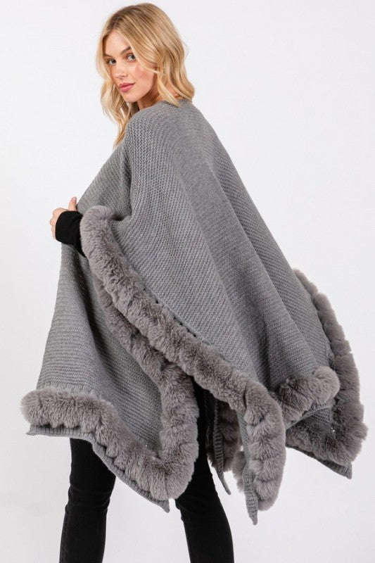 Faux Fur Trim Winter Cape Cardigan - FamilyClothes
