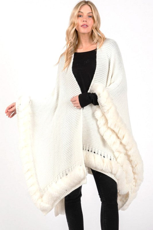 Faux Fur Trim Winter Cape Cardigan - FamilyClothes