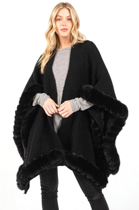 Faux Fur Trim Winter Cape Cardigan - FamilyClothes