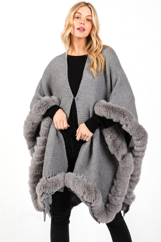 Faux Fur Trim Winter Cape Cardigan - FamilyClothes
