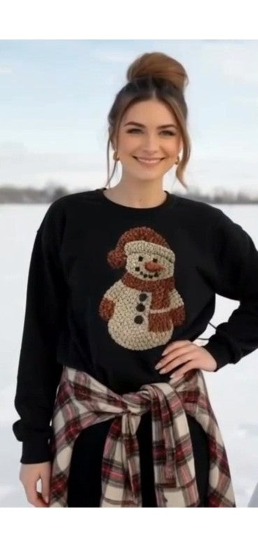 Snowman Latch Hook Crochet Graphic Long Sleeve Tee - FamilyClothes
