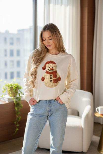 Snowman Latch Hook Crochet Graphic Long Sleeve Tee - FamilyClothes