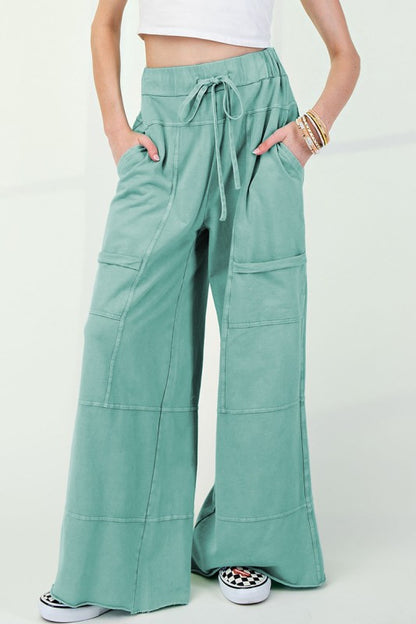 Drawstring Elastic Waistband Wide Leg Cargo Pants - FamilyClothes