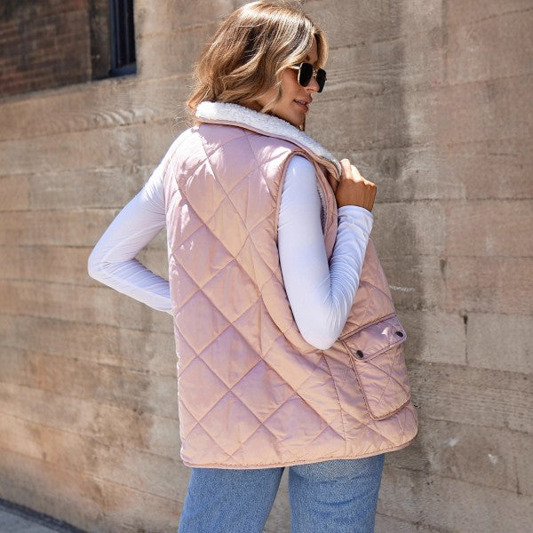 Pink Fleece Lined Quilted Vest Coats - FamilyClothes
